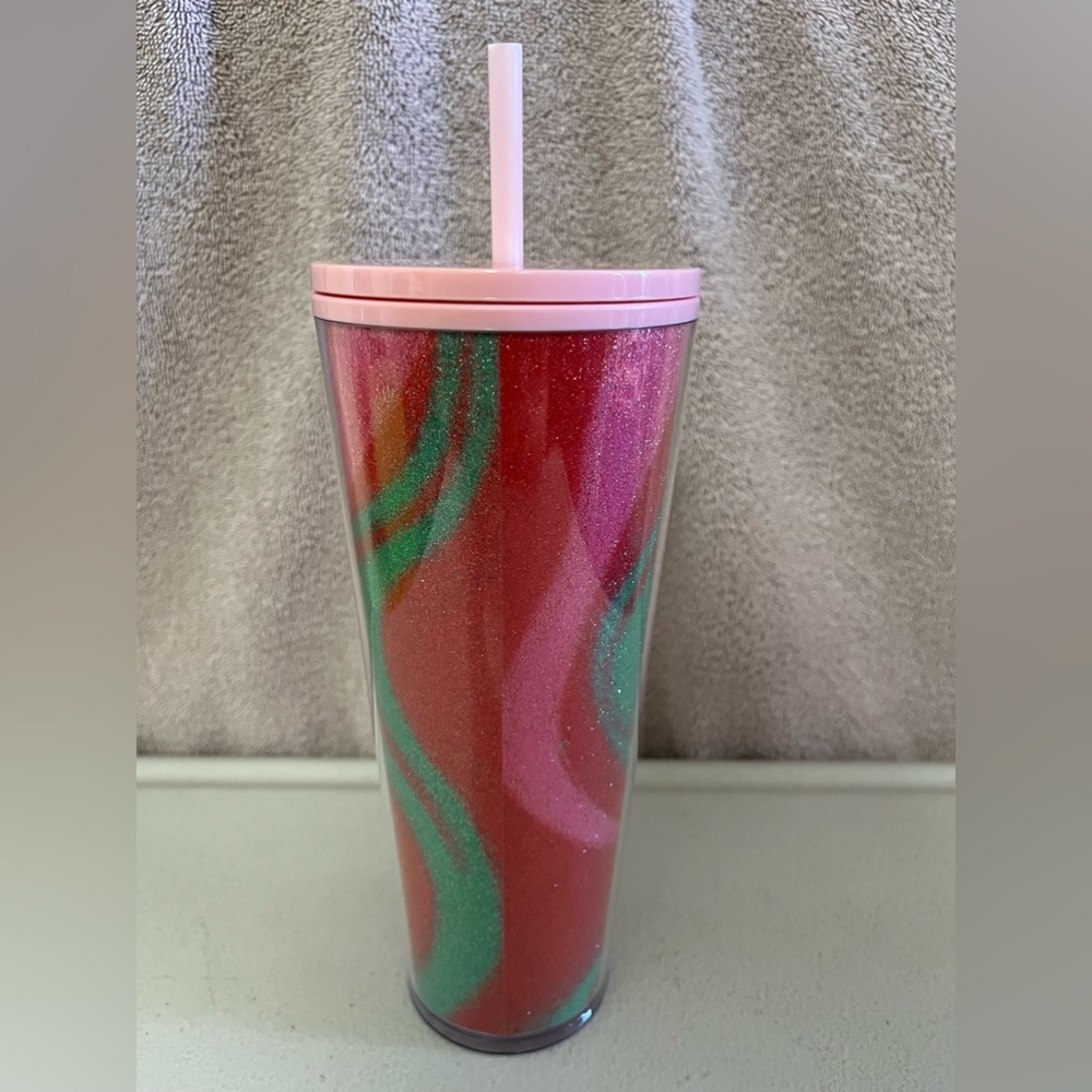 Starbucks 2020 Glitter Pink Green Swirl 24oz Holiday Tumbler with Straw NWT - Picture 4 of 10